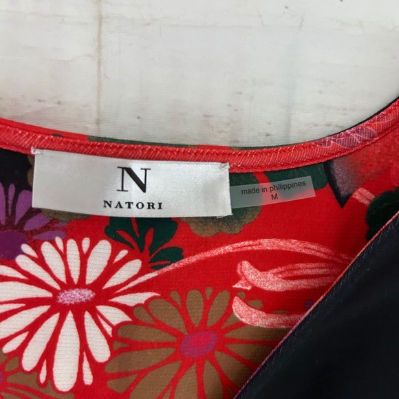 Natori Womens Floral Print Mixed Media Faux Leather Tunic Top Black Red Size M - Picture 5 of 9